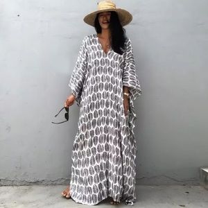 Grays Feather Foil Leaf Bohemian Gypsy Kaftan With Side Slit, Leaf Print